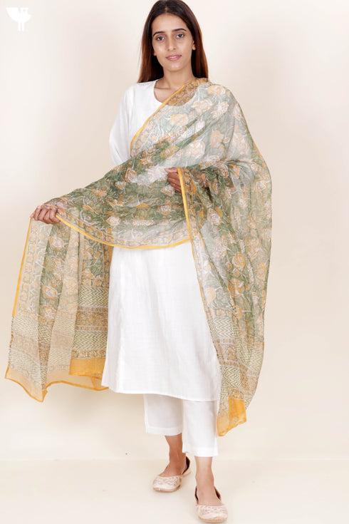Kota Doria Dupatta In Floral Block Print